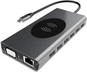 Furgle 15 in 1 USB C Hub Multiport Adapter-Hieha USB-C Docking Station w/4K HDMI VGA Ethernet Wireless Charging 100W PD 3 USB 3.0 SD/TF Card Reader Compatible for MacBook Pro and More Type C Laptops