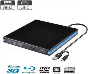 External Blu-ray Drive DVD / BD Player Read/Write Portable Blu-ray Drive USB 3.0 and Type-C DVD Burner Ultra HD Blu-ray Drive Compatible with Windows XP 7 8 10 11,Mac OS,Linus Laptop Desktop