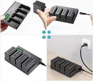4 Pack Batteries and 4-Channel Charger for So-ny NP-F970, NP-F960, NP-F950, NP-F930, NP-F770, NP-F750, NP-F570, NP-F550