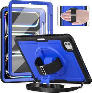 Case for iPad Pro 11-Inch (M4) 2024 with Screen Protector, 360° Rotating Kickstand, Adjustable Shoulder Strap, Precise Cutouts, Pencil Holder, Blue