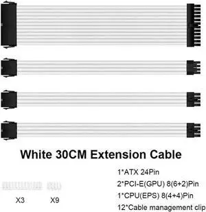 4 Piece Kit 300mm ATX 24Pin PCI-E 6+2Pin CPU 4+4Pin PC Case DIY Cable Various White Available PSU Extension Cable