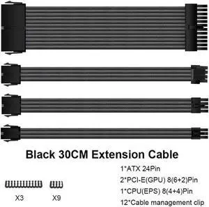 ATX 24PIN GPU PCI-E Black Module Cables Computer 18AWG PSU Power Supply Extension Cable Kit