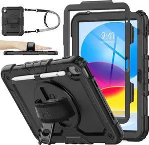 JAENFONG Case for iPad (A16) 11th/10th Generation 10.9'' 2025/2022, Full-Body Drop Protection Case with Screen Protector &360° Rotate Hand Strap/Stand, Black