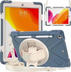 JAENFONG iPad 9th Generation Case, iPad 8th/7th Generation 10.2 Case with Pencil Holder Kickstand Hand Strap and Shoulder Strap Rugged Case for iPad 10.2 inch 2021/2020/2019, Cronfolwer Blue