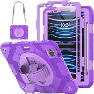 JAENFONG Case for iPad Pro 11 inch 2022/2021/2020/2018, with Pencil Holder, Screen Protector, Rotating Hand Strap Stand, [3-Layer Drop Proof] Case for Pro 11 4th/3th/2nd/1st (Purple)