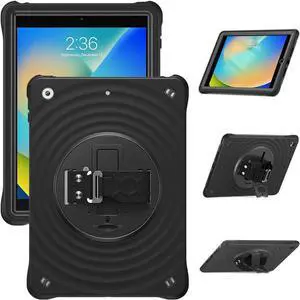 JAENFONG Case for iPad 9th/ 8th/ 7th Generation 10.2 inch (Case for iPad 9/8/ 7 Gen): with Strong Protection, Screen Protector, Hand/Shoulder Strap, Rotating Stand, Pencil Holder - Black