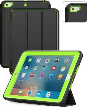 JAENFONG iPad 6th/5th Generation Case, Durable Sturdy Heavy Duty Protection Shockproof Smart Cover [Auto Sleep Wake] Folio Stand Case for iPad 9.7 Case, Black/Green