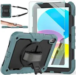JAENFONG iPad 10th Generation Case, iPad 10 Case 10.9'' 2022, [Kid Proof] Full Body Protective Case with 9H Tempered Glass Screen Protector, 360° Rotatable Kickstand & Hand Strap (Teal & Black)