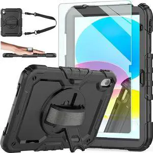 JAENFONG iPad 10th Generation Case, iPad 10 Case 10.9'' 2022, [Kid Proof] Full Body Protective Case with 9H Tempered Glass Screen Protector, 360° Rotatable Kickstand & Hand Strap (Black)