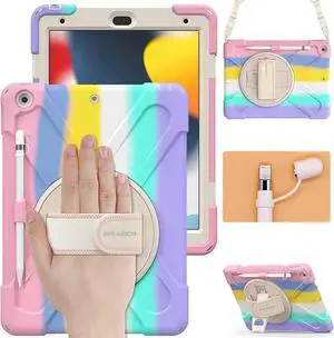 JAENFONG iPad 10.2 Inch Case 2021/2020/2019, Three Layer Hybrid Kids Boys Girls Case with Shoulder Strap, Hand Strap, Stand, Screen Protector, Pencil Holder for Apple iPad 9th/8th/7th Gen -Sakura Pink