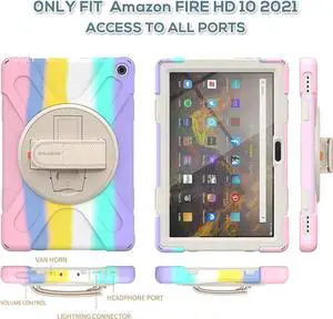 JAENFONG Fire HD 10 2021 Release Case for Kids, Shockproof Heavy Duty Rugged Cover with Kickstand & Hand Strap and Shoulder Strap for Amazon Fire HD 10 Plus 11th Generation 2021 Release-Colorful Pink