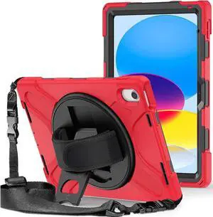 JAENFONG iPad 10th Generation Case 10.9'' 2022 New Released, iPad 10th Generation 10.9 Rugged Shockproof Protective Case with Pencil Holder Kickstand Hand Strap and Shoulder Strap,Red