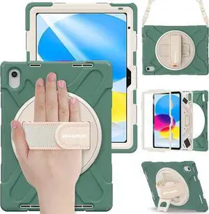 JAENFONG iPad Case 10.9 Inch 10 Gen 2022, Three Layer Protective Kids Friendly Case with Shoulder Strap Hand Strap Stand Screen Protector Pencil Holder Pencil Cap Holder-Emerald Green