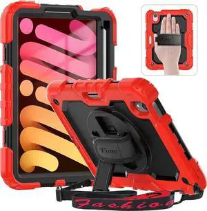 JAENFONG iPad Mini 6 Case (iPad Mini 6th Generation Case 8.3 inch 2021): with Strong Protection, Screen Protector, Handle, Shoulder Strap, 360° Rotating Stand, Pencil Holder - Pink Camo