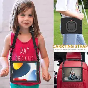 iPad 9th Generation Case New 2021 10.2 Inch Hybrid Rugged Shockproof Silicone Cover with Kickstand, Pencil Holder, Handle Grip and Shoulder Strap, Compatible with iPad 9th/8th/7th Gen, Black