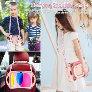 JAENFONG Cute Cat Case for iPad 10th Generation 10.9 Inch 2022, Silicone Kids Boys Girls Case with Pencil Holder,Carrying Shoulder Strap,Handle Grip,Kickstand for iPad 10th Gen A2696 A2757 A2777-Pink