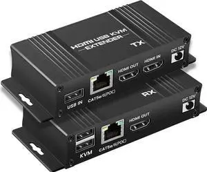 avedio links 164FT HDMI KVM USB Extender Over Cat 5e/6/7 Cable, 1080P HDMI Ethernet Extender Balun Transmitter Receiver with Loop Out Function - USB Keyboard Mouse, Single POC Power Supply