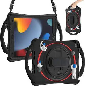 JAENFONG Kids Case for iPad 9th 8th 7th Generation 10.2'' 2021 2020 2019/iPad Air 10.5 /Pro 10.5, Shockproof Silicone Case with Kickstand Shoulder Strap Hand Strap Handle Grip Pencil Holder, Black