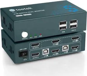 Steetek Dual Monitor KVM Switch HDMI 2 Port, KVM Switch 2 Monitors 2 Computers 4K@60Hz (YUV4:4:4), HDMI KVM Switch 2 in 2 Out, Button Switch and Hotkey Switch, with 4 HDMI and 2 USB Cable