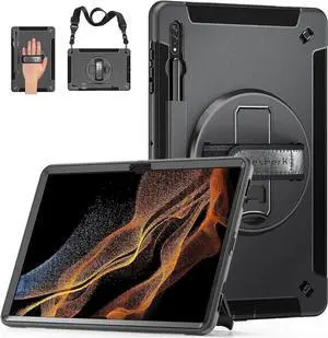 JAENFONG Galaxy Tab S8 Ultra 14.6 Inch Case: Military Grade Tab S8U Case 2022 Heavy Duty Shockproof Protective Cover-S-Pencil Holder-Rotating Stand-Hand/Shoulder Strap for Samsung Tab S8 U Black