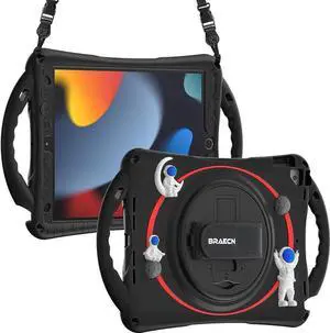 JAENFONG Cute Cartoon Astronaut Case for iPad 9th 8th 7th Generation 10.2 Inch, Heavy Duty Kids Case with Pencil Holder & Holder Hand Strap Carrying Strap for iPad Air/Pro 10.5 -Black+Red