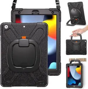 JAENFONGiPad 9th 8th 7th Generation 10.2 Inch 2021 2020 2019 Case Kids, Shockproof Silicone Case with Screen Protector, Pencil Cap Holder, Shoulder Strap, Handle Grip, Kickstand-Carnival Night (Black)