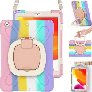 iPad 9th 8th 7th Generation 10.2 2021 2020 2019 Case Kids, Shockproof Silicone Case with Screen Protector, Pencil Holder, Shoulder Strap, Handle Grip, Kickstand, Pencil Cap Holder-Colorful Pink