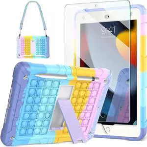 iPad 9th/8th/7th Generation Case 10.2 with 9H Tempered Glass Screen Protector Pencil Holder Kickstand&Shoulder Strap for Kids| Push Popit Fidget Case for iPad 10.2 inch 2021/2020/2019-Rainbow