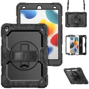 JAENFONG Case for iPad 9th/ 8th/ 7th Generation 10.2'', Shockproof with Screen Protector, Pencil Holder [360° Rotating Hand Strap] & Stand, for iPad 10.2 inch 2021-2019 (Camo black)