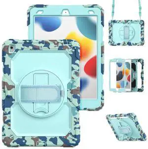 Case for iPad 9th/ 8th/ 7th Generation 10.2'', Shockproof with Screen Protector, Pencil Holder [360° Rotating Hand Strap] & Stand, for iPad 10.2 inch 2021-2019 (Camo Blue)