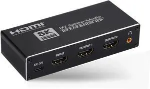 8K HDMI Splitter 1 in 2 Out, HDMI 2.1 Splitter with 3.5mm Audio Jack + Coaxial + Optical Toslink SPDIF for Dual Monitors Duplicate/Mirror Only, Support 8K@60Hz, HDR10+, Three Audio EDlD Settings