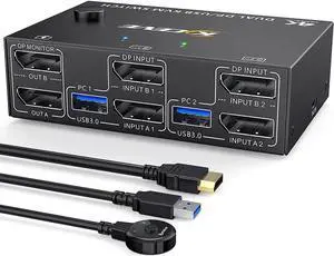 KVM Switch Dual Monitor DisplayPort 1.4 8K@30Hz 4K@144Hz 2 in 2 Out,DP1.4 KVM Switch and 4 USB3.0 for 2 Computers,Backnward Compatible DP1.2 with DP+UBS Cables and Wired Controller