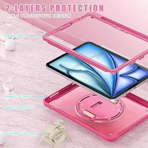 JAENFONG iPad Air 11 inch Case 2024 M2 Chip Dual-Layer Protective Tablet Cover,Lightweight Durable,Shock-Absorbing Corners with 360° Rotating Hand Strap and Hidden Kickstand & Shoulder Strap, Pink