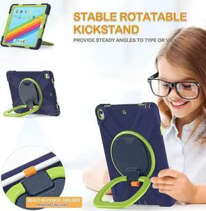 JAENFONG iPad Air 3 10.5 Inch 2019 Case, Hybrid Shockproof Rugged Silicone Case with Pencil Holder, Folding Hand Grip, Stable Kickstand,Carrying Shoulder Strap for iPad Pro 10.5 2017 Tablet-Navy+Green