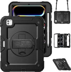 JAENFONG Case for 2024 iPad Pro 11-Inch M4 (2024, 5th Gen), 3 Layer Hybrid Shockproof Rugged Protective Case with 360° Rotating Stand - Hand Strap - Shoulder Strap - Pencil Holder,Black