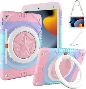 JAENFONG for iPad 9th Generation Case 8th 7th Generation Case with Stylus Pen, 360 Rotating Stand, Pencil Holder, Shoulder Strap Heavy Duty Rugged Kids for iPad 10.2 Case 2021 2020 2019 Rose Pink