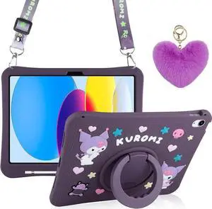 JAENFONG for iPad 10th Generation Case 2022 with Kickstand Lanyard Heart Keychain Pencil Holder Silicone Case for Girls Kids Cute Protective Tablet Cover for iPad 10th Gen 10.9 inch 2022 Dark Purple