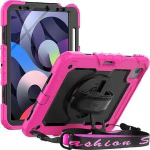 JAENFONG iPad 10th Generation Case 10.9 Inch 2022, Sturdy Heavy Duty Full-Body Shockproof Protective Case with Screen Protector, Rotating Stand, Hand/Shoulder Strap for iPad 10 Gen Blue/Black