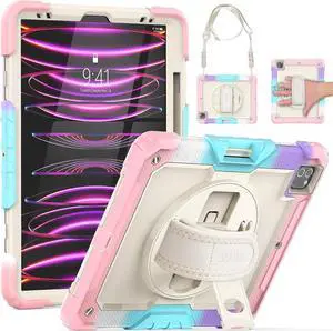 JAENFONG iPad Pro 12.9 Case 2022/2021/ 2020/2018, Heavy Duty Protection Shockproof Case with Screen Protector, Rotating Stand/Handle/Shoulder Strap, Supports Pencil 2 Charging, Colorful Pink