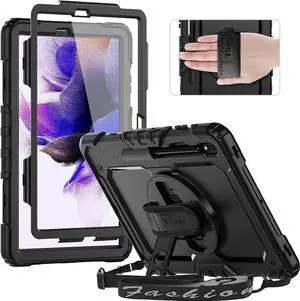JAENFONG iPad Pro 12.9 Case (6th/ 5th/ 4th/ 3rd Generation): with Strong Protection, Screen Protector, Hand Strap, Shoulder Strap, 360° Rotating Stand, Pencil Holder - Black