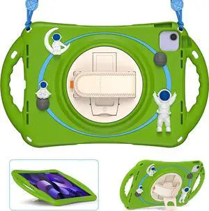 JAENFONG Kids Case for iPad Air 5th/ Air 4th Generation 10.9'', Shockproof Silicone Case with Pencil Holder Stand Hand Strap Shoulder Belt Handle Grip for iPad Air 10.9/ iPad Pro 11'', Glass Green