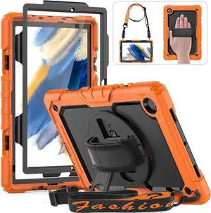 JAENFONG for Galaxy Tab A8 Case 10.5 Full Body Protective with Rotating Hand Strap Stand/Screen Protector, Sturdy Shockproof A8 Tablet Case Kids 2022 SM-X200/X205/X207, Orange
