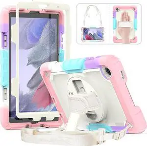 JAENFONG Case for Galaxy Tab A7 Lite 8.7 inch Kid with Screen Protector/ 360° Rotating Hand Strap Stand/Pen Holder/Carrying Strap, A7 Lite Tablet Case Kids SM-T220/T225/T227 - Pink