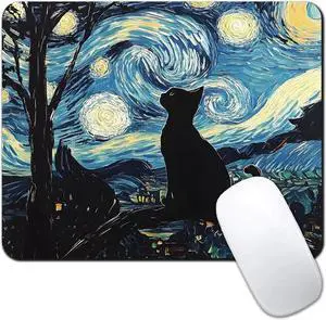Black Cat Custom Mouse Pad Ultra-Smooth Textured Small Mousepad Design with Non-Slip Rubber Base Moon Starry Night Computer Mouse Pads for PC & Wireless Laptop Portable Size 9.5x7.9 Inch