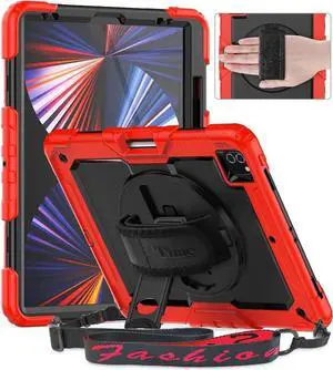 JAENFONG iPad Pro 12.9 Case (iPad Pro 12.9 Inch 3rd/ 4th/ 5th/ 6th Generation Case): with Strong Protection, Screen Protector, Hand Strap, Shoulder Strap, Rotating Stand, Pencil Holder - Red