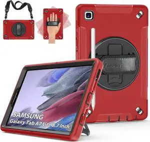 JAENFONG Case for Galaxy Tab A7 Lite, Military Grade Heavy Duty Shockproof Case with Hand/Shoulder Strap Rotating Kickstand for Samsung Galaxy Tab A7 Lite 8.7 Inch 2021, Red