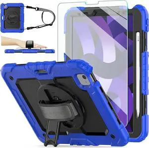 JAENFONG iPad Air 5th/4th Generation Case 10.9'' 2022/2020, [Kids Proof] Full Body Protective Case with 9H Tempered Glass Screen Protector, 360° Rotatable Kickstand/Hand Strap, Shoulder Strap (Blue)