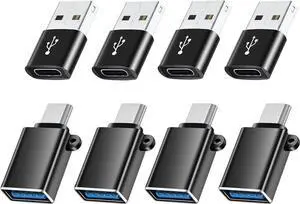 USBC Adapters 8 Pack Type C to USB Adapter USBC USBA Male Female Adaptor C to USB 3.0 OTG Converter for iPhone 15 14 13 MacBook iPad Charger Black