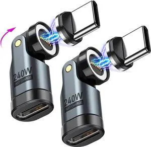 USB C Magnetic Adapter PD 240W(2Pack) 9PIN USB C 90 Degree Adapter/C Right Angle Adapters/360 &180 Degree C to C Adapters for 1Phone 16/15 Ma-Book Pro/1Pad Series Galaxy Tablet Laptop