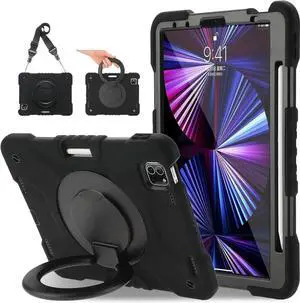 JAENFONG Case for iPad Pro 11 Inch 4th 2022/3rd 2021/2nd 2020/1st Gen 2018, iPad Air 10.9 Inch 2022/2020 5th/4th Generation Case with Pencil Holder/360° Rotating Handle Stand, Black